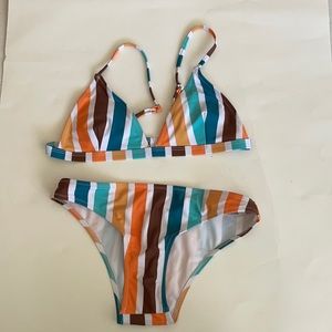Striped bikini 2 piece sz S blue orange brown NEW